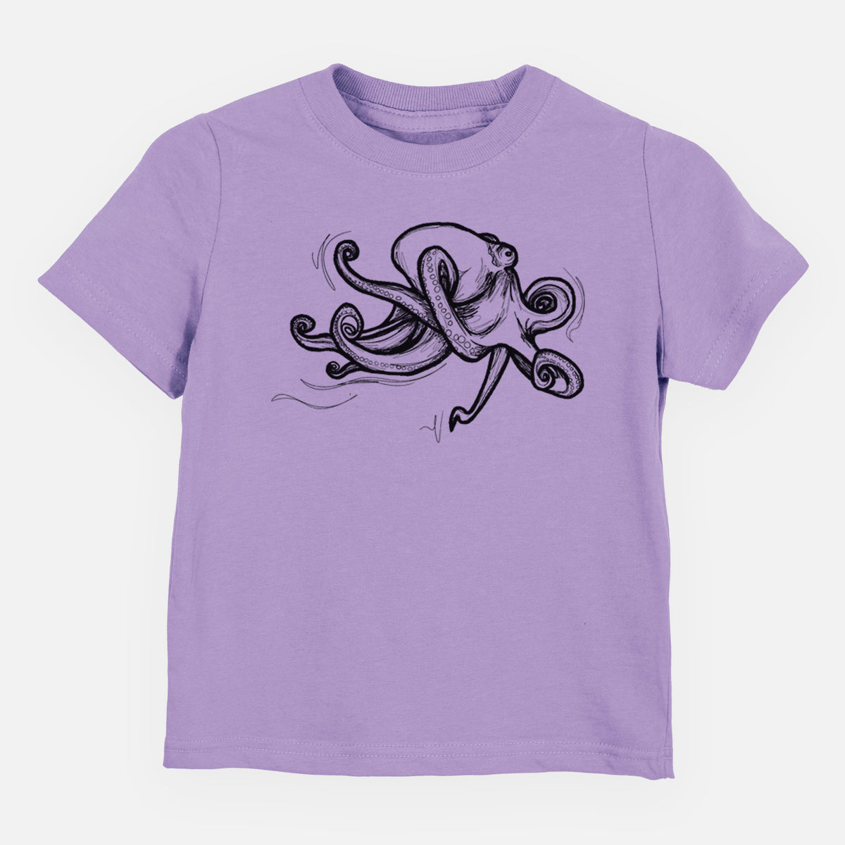 Lavender toddler t-shirt laid flat, printed with a black ink illustration of a giant Pacific octopus with curling tentacles.