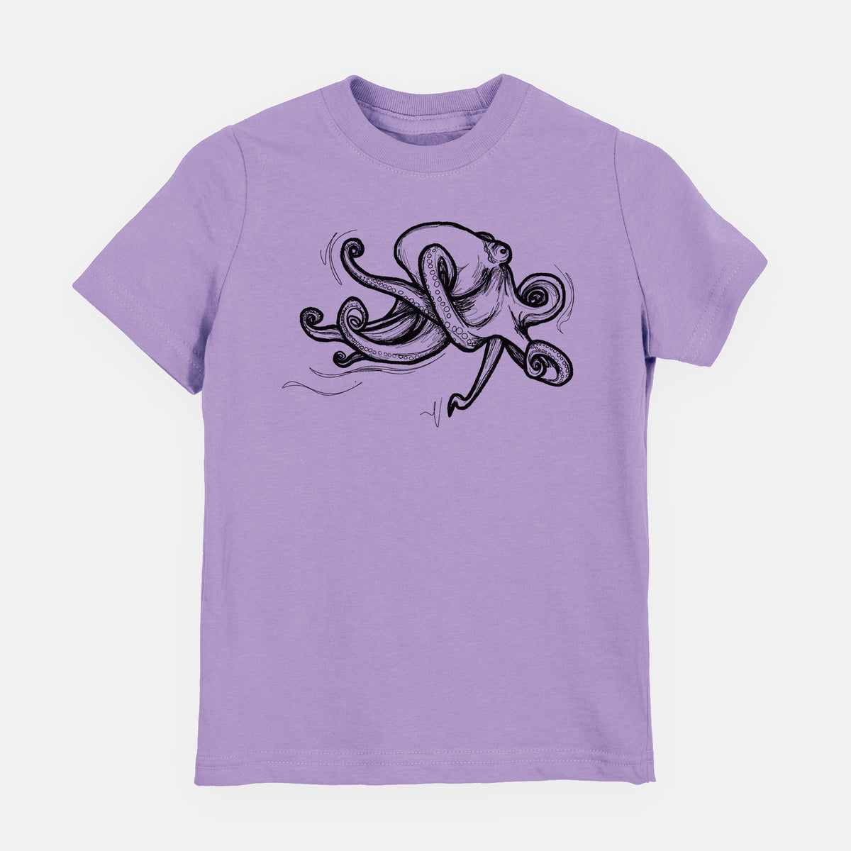 Lavender youth t-shirt laid flat, printed with a black ink illustration of a giant Pacific octopus with curling tentacles.