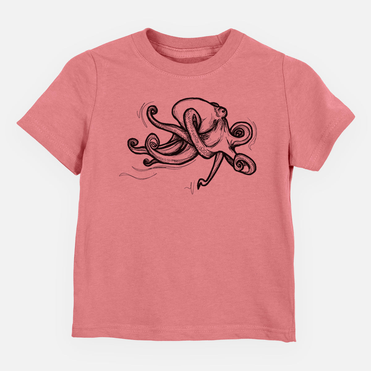 Mauve pink toddler t-shirt laid flat, printed with a black ink illustration of a giant Pacific octopus with curling tentacles.