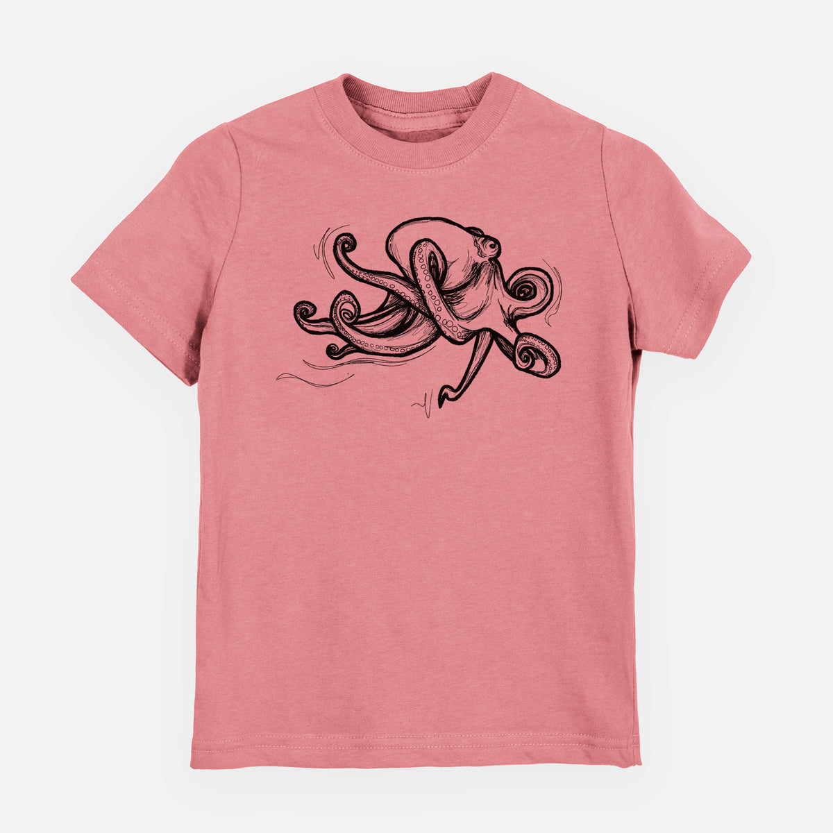 Mauve pink youth t-shirt laid flat, printed with a black ink illustration of a giant Pacific octopus with curling tentacles.