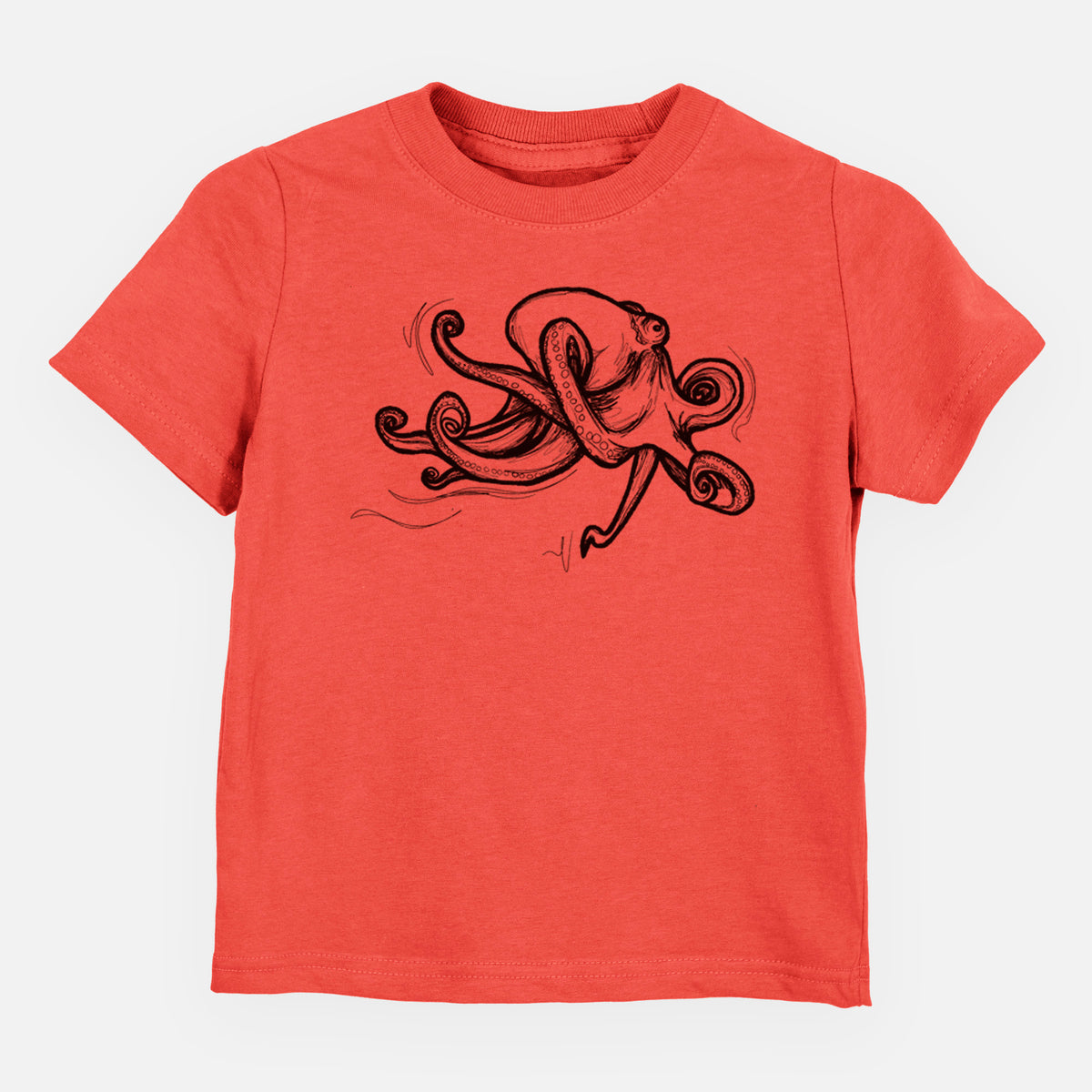 Passionfruit pink toddler t-shirt laid flat, printed with a black ink illustration of a giant Pacific octopus with curling tentacles.