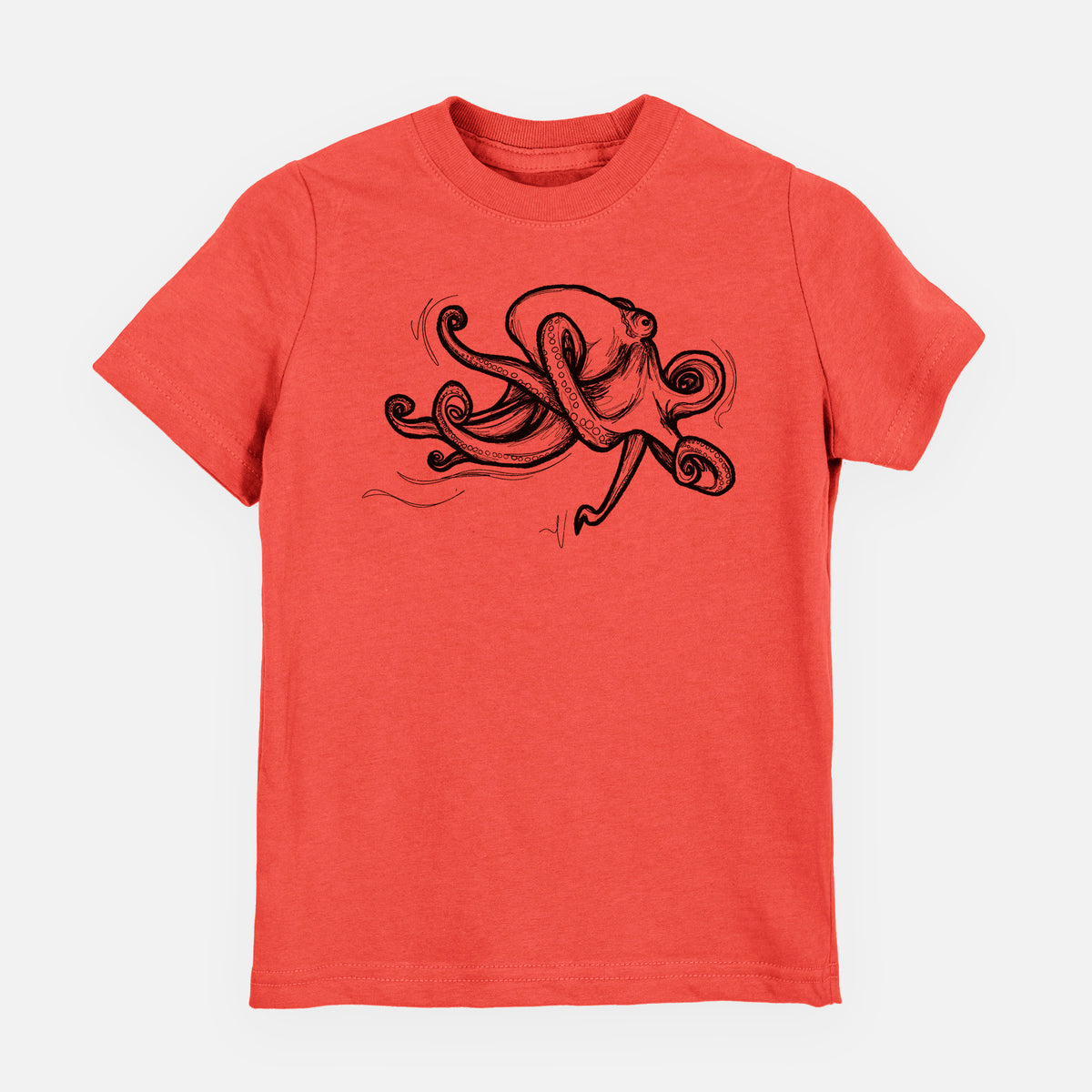 Passionfruit pink youth t-shirt laid flat, printed with a black ink illustration of a giant Pacific octopus with curling tentacles.