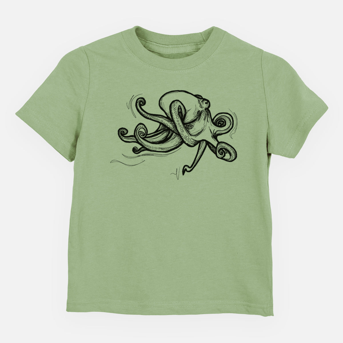 Sage green toddler t-shirt laid flat, printed with a black ink illustration of a giant Pacific octopus with curling tentacles.