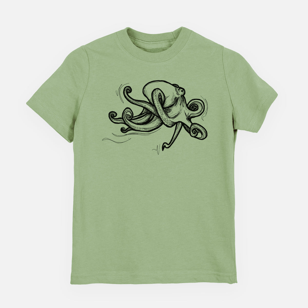 Sage green youth t-shirt laid flat, printed with a black ink illustration of a giant Pacific octopus with curling tentacles.