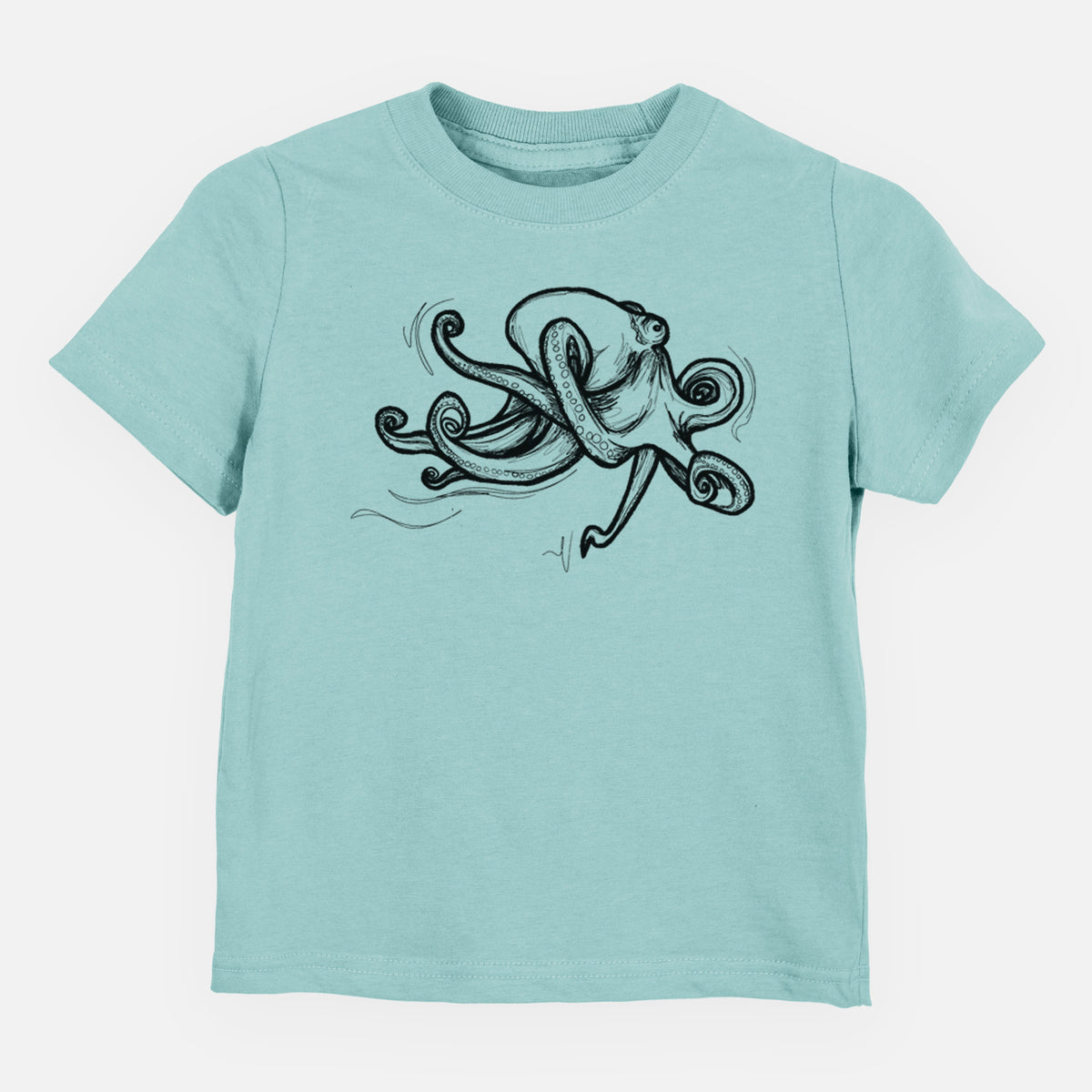 Saltwater toddler t-shirt laid flat, printed with a black ink illustration of a giant Pacific octopus with curling tentacles.