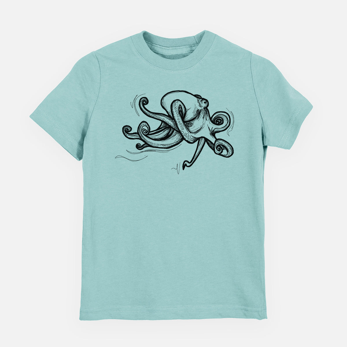 Saltwater youth t-shirt laid flat, printed with a black ink illustration of a giant Pacific octopus with curling tentacles.