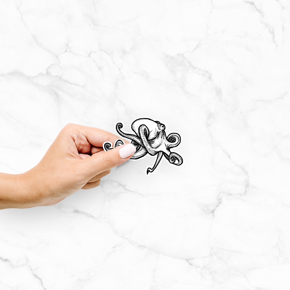 Hand holding a 4 inch vinyl decal of a black ink illustration of a giant Pacific octopus with curling tentacles.
