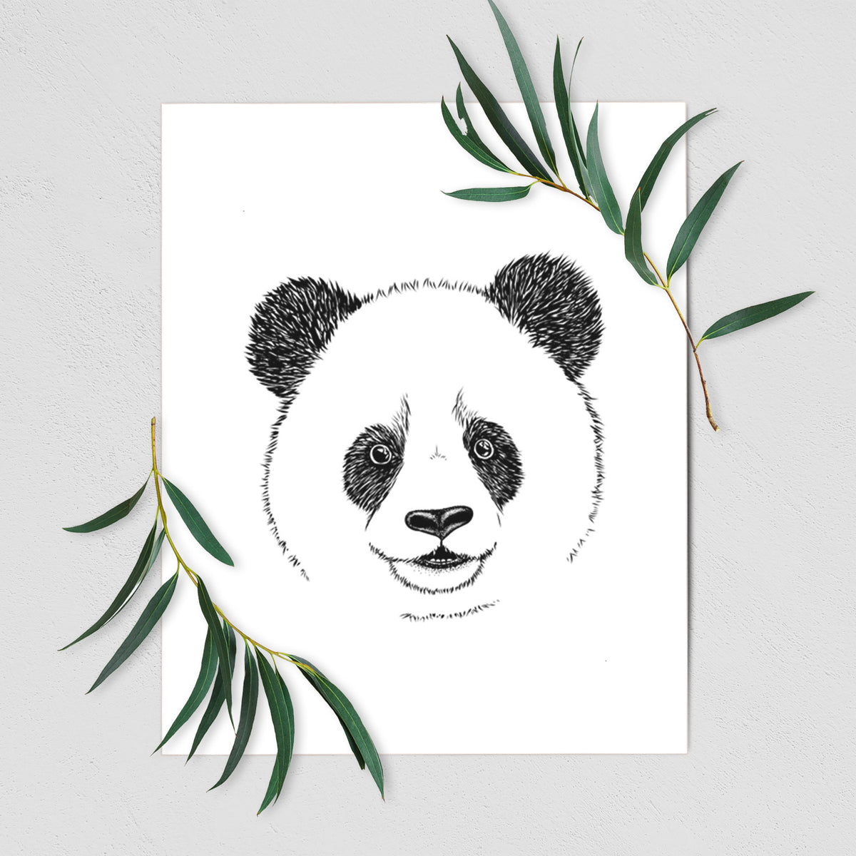Art print of a black ink portrait of a smiling giant panda's face, shown with eucalyptus leaves.