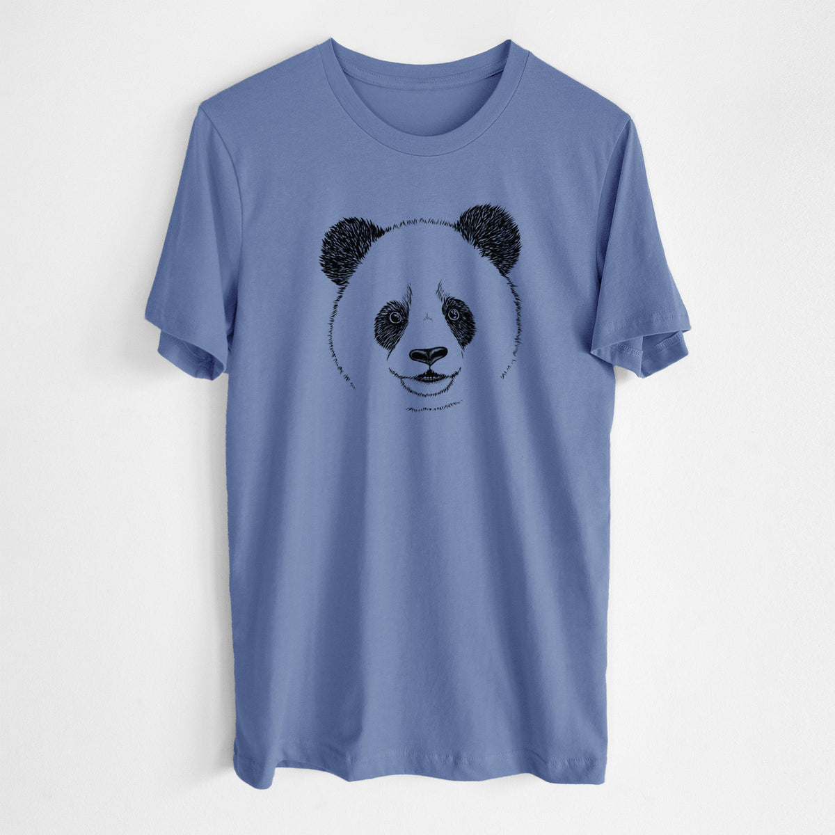 Blue bell lightweight cotton t-shirt laid flat, printed with a black ink portrait of a smiling giant panda's face.