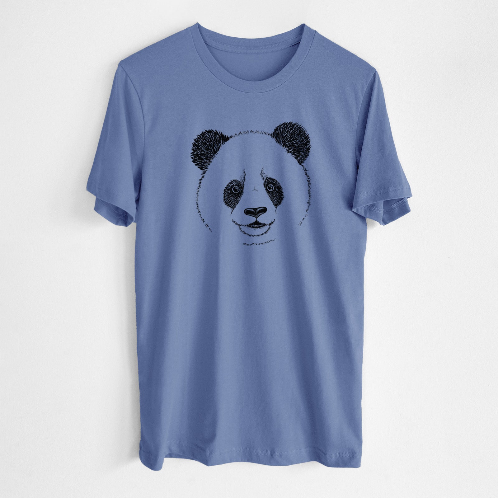 Blue bell lightweight cotton t-shirt laid flat, printed with a black ink portrait of a smiling giant panda's face.
