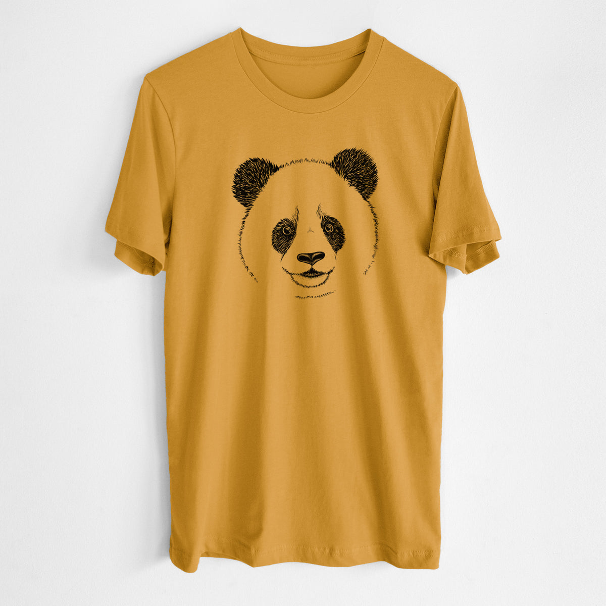 Honeycomb yellow lightweight cotton t-shirt laid flat, printed with a black ink portrait of a smiling giant panda's face.