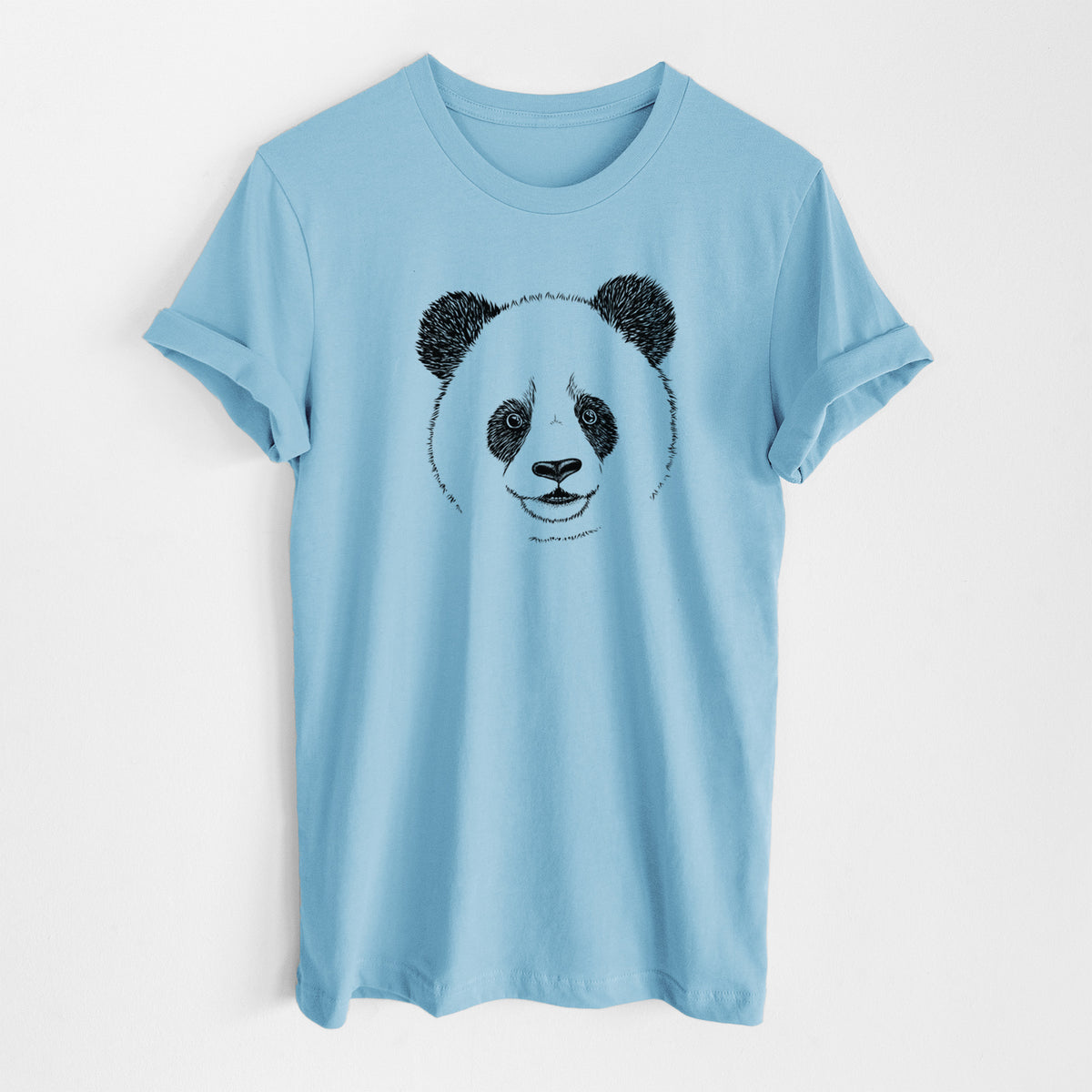 Ocean blue lightweight cotton t-shirt laid flat, printed with a black ink portrait of a smiling giant panda's face.