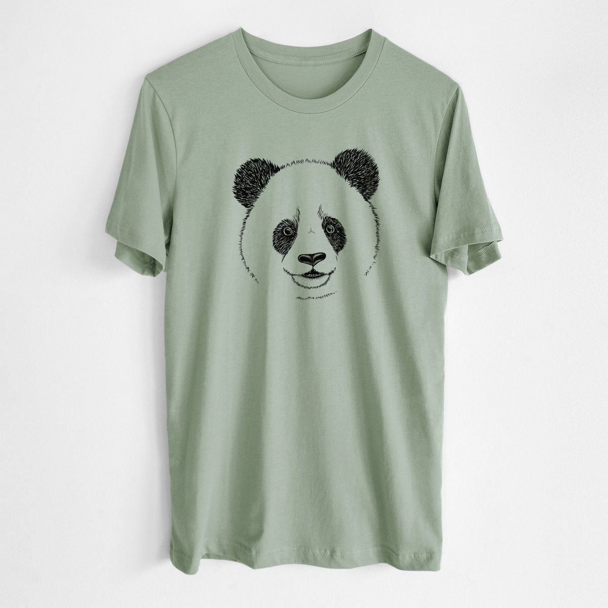 Sage green lightweight cotton t-shirt laid flat, printed with a black ink portrait of a smiling giant panda's face.