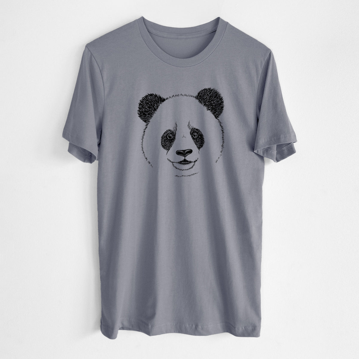 Storm grey lightweight cotton t-shirt laid flat, printed with a black ink portrait of a smiling giant panda's face.