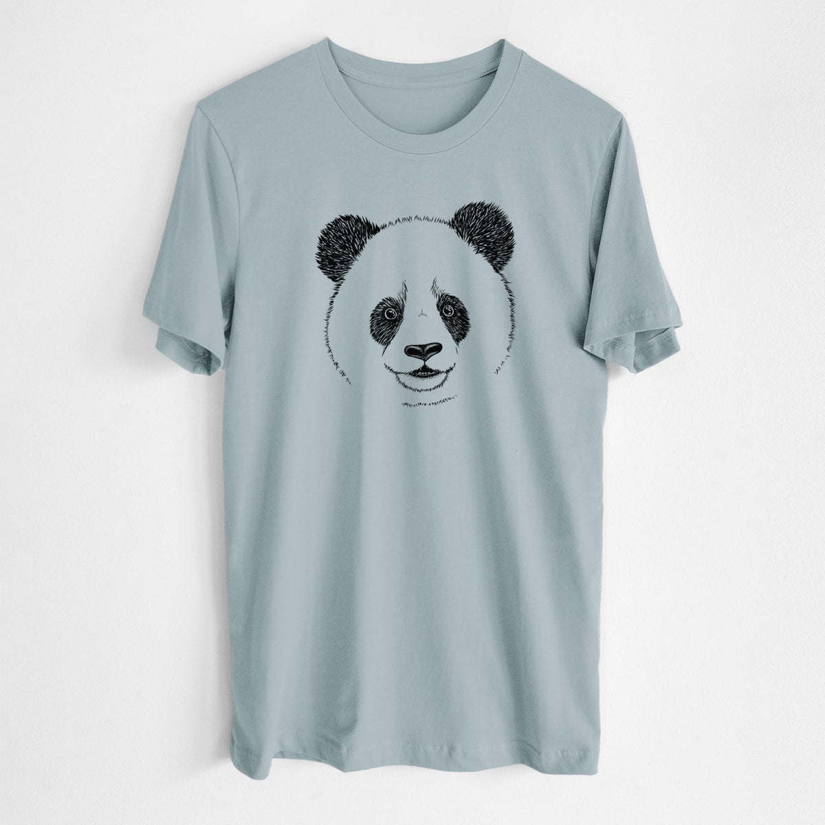 Vintage denim lightweight cotton t-shirt laid flat, printed with a black ink portrait of a smiling giant panda's face.