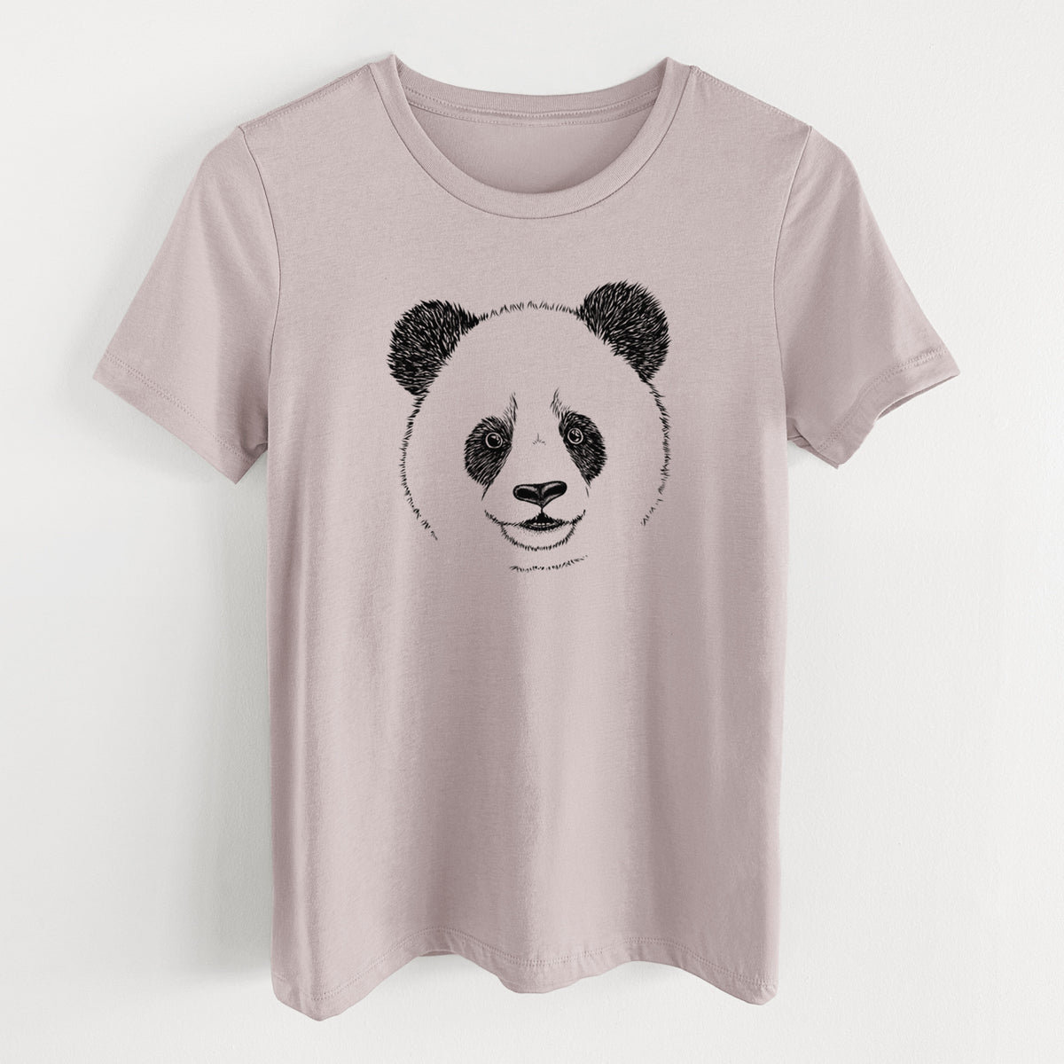 Pink gravel women's relaxed fit cotton t-shirt laid flat, printed with a black ink portrait of a smiling giant panda's face.