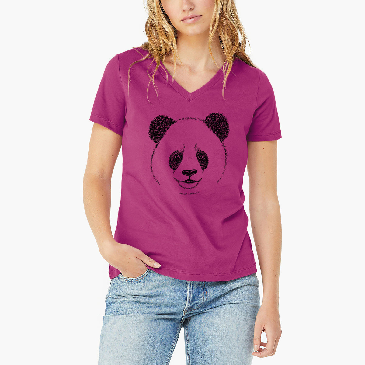 Woman wearing a berry pink women's relaxed fit cotton V-neck t-shirt printed with a black ink portrait of a smiling giant panda's face.