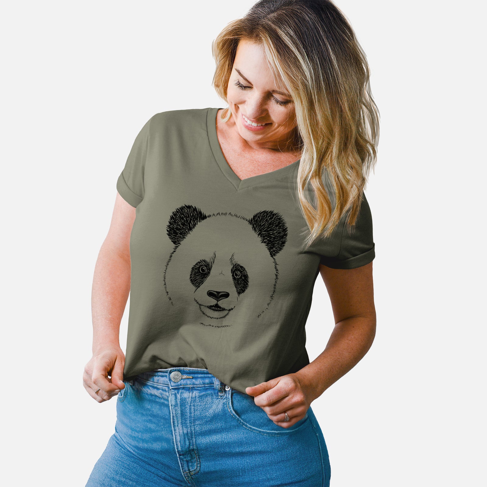 Turquoise women's relaxed fit cotton V-neck t-shirt laid flat, printed with a black ink portrait of a smiling giant panda's face.