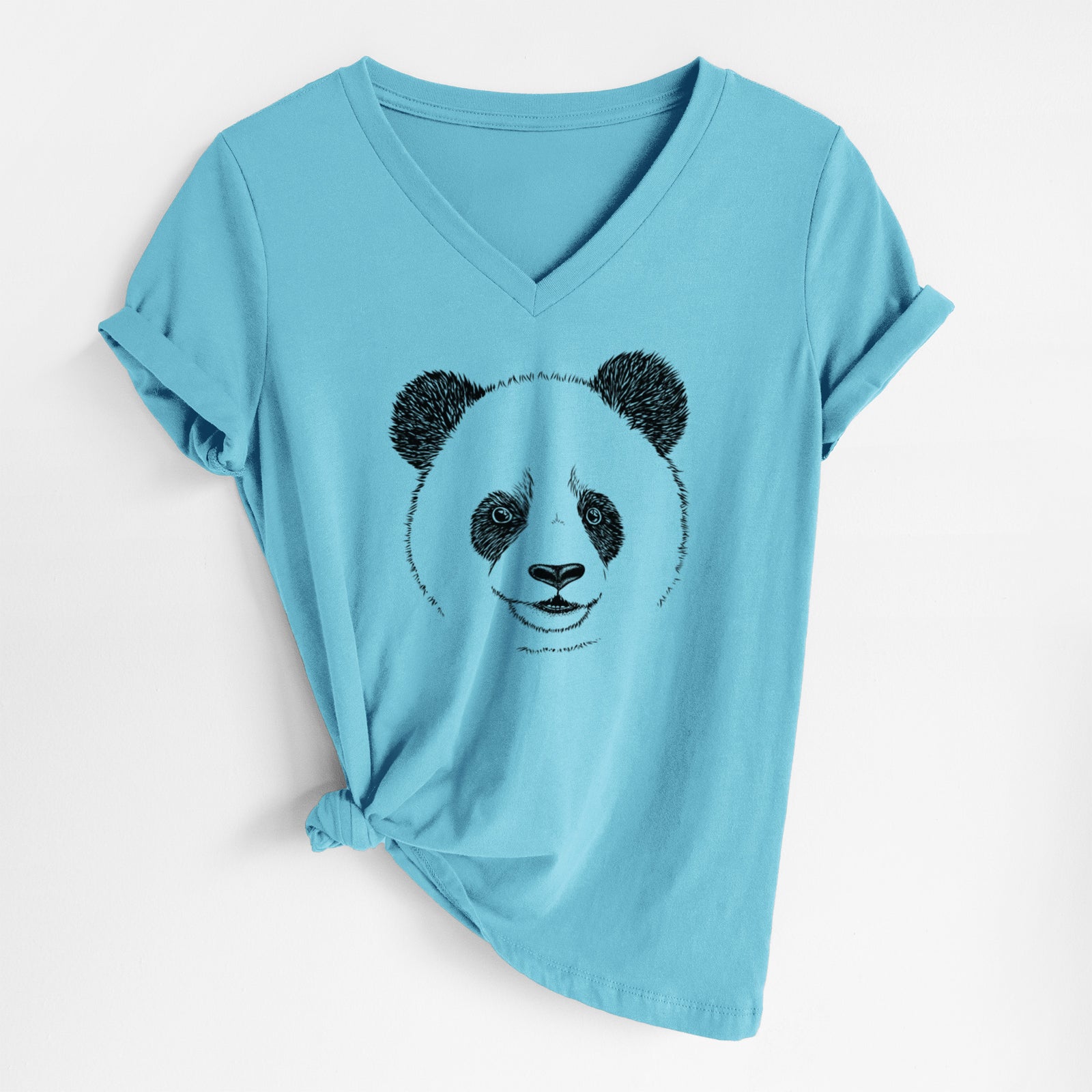 Turquoise women's relaxed fit cotton V-neck t-shirt laid flat, printed with a black ink portrait of a smiling giant panda's face.