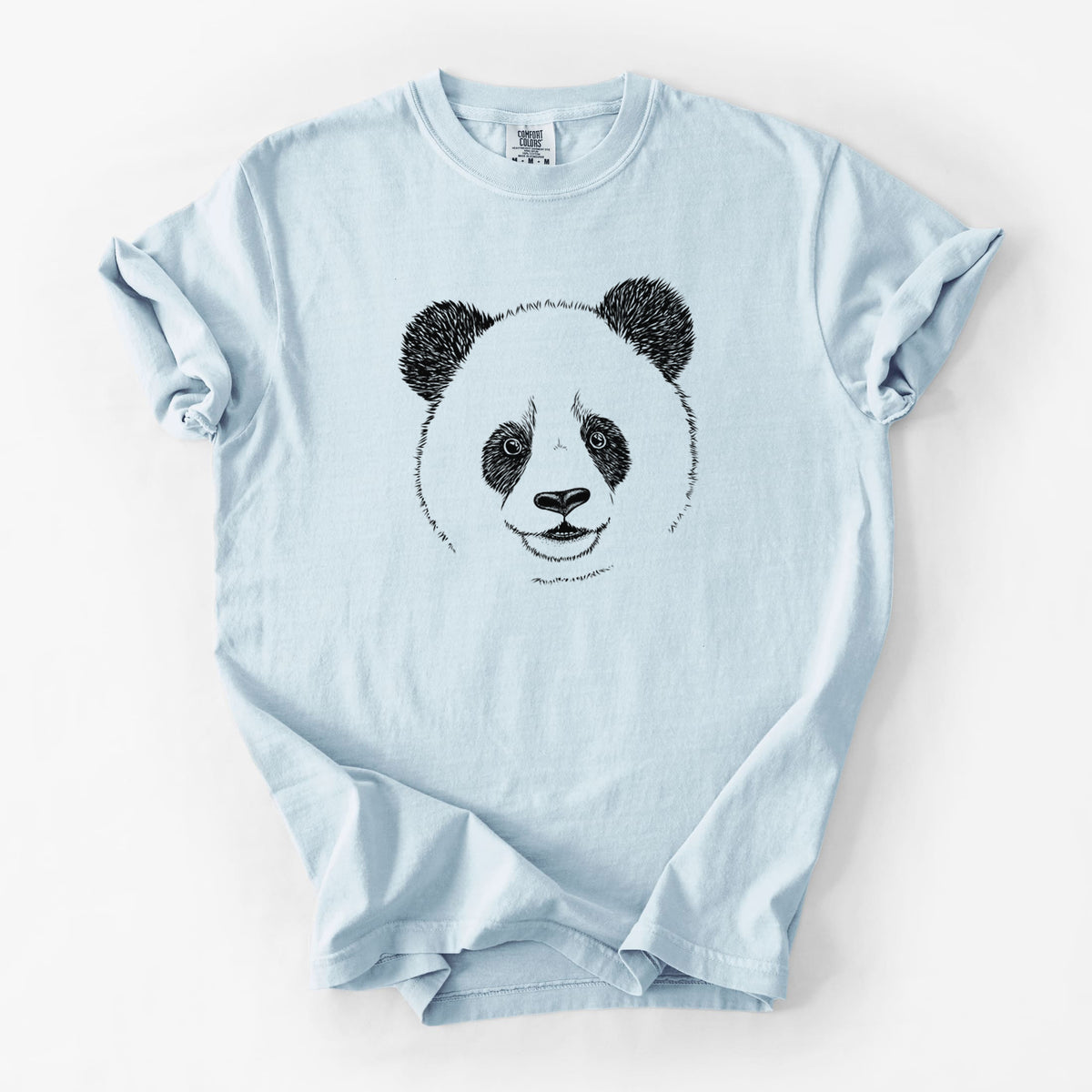 Chambray blue Comfort Colors t-shirt laid flat, printed with a black ink portrait of a smiling giant panda's face.