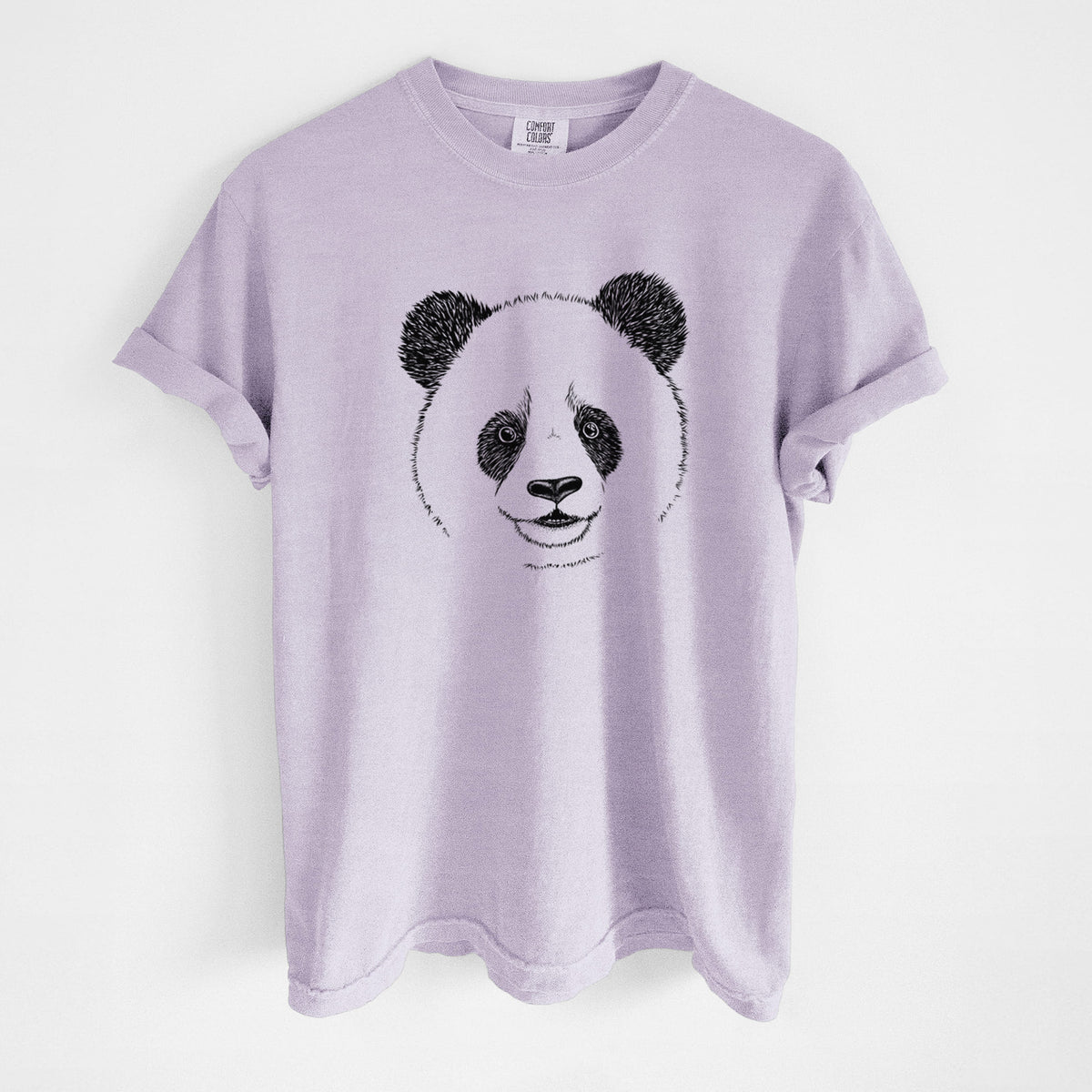 Orchid purple Comfort Colors t-shirt laid flat, printed with a black ink portrait of a smiling giant panda's face.
