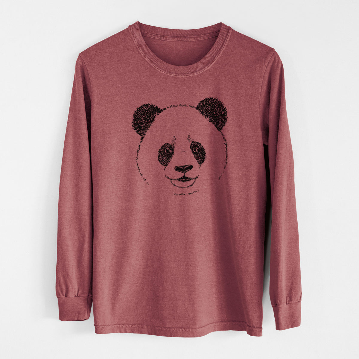 Brick red Comfort Colors long sleeve shirt laid flat, printed with a black ink portrait of a smiling giant panda's face.