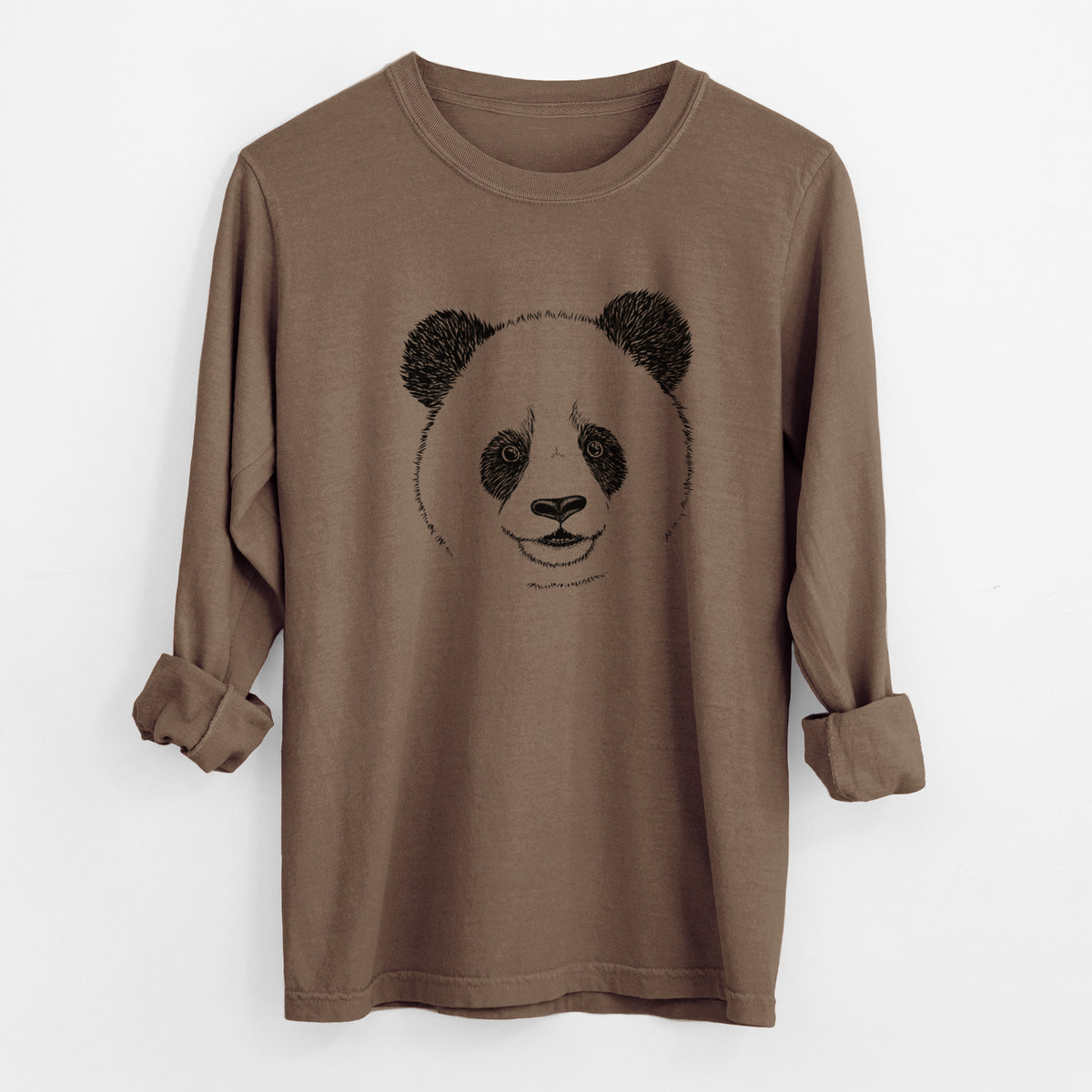 Espresso brown Comfort Colors long sleeve shirt laid flat with the cuffs rolled, printed with a black ink portrait of a smiling giant panda's face.