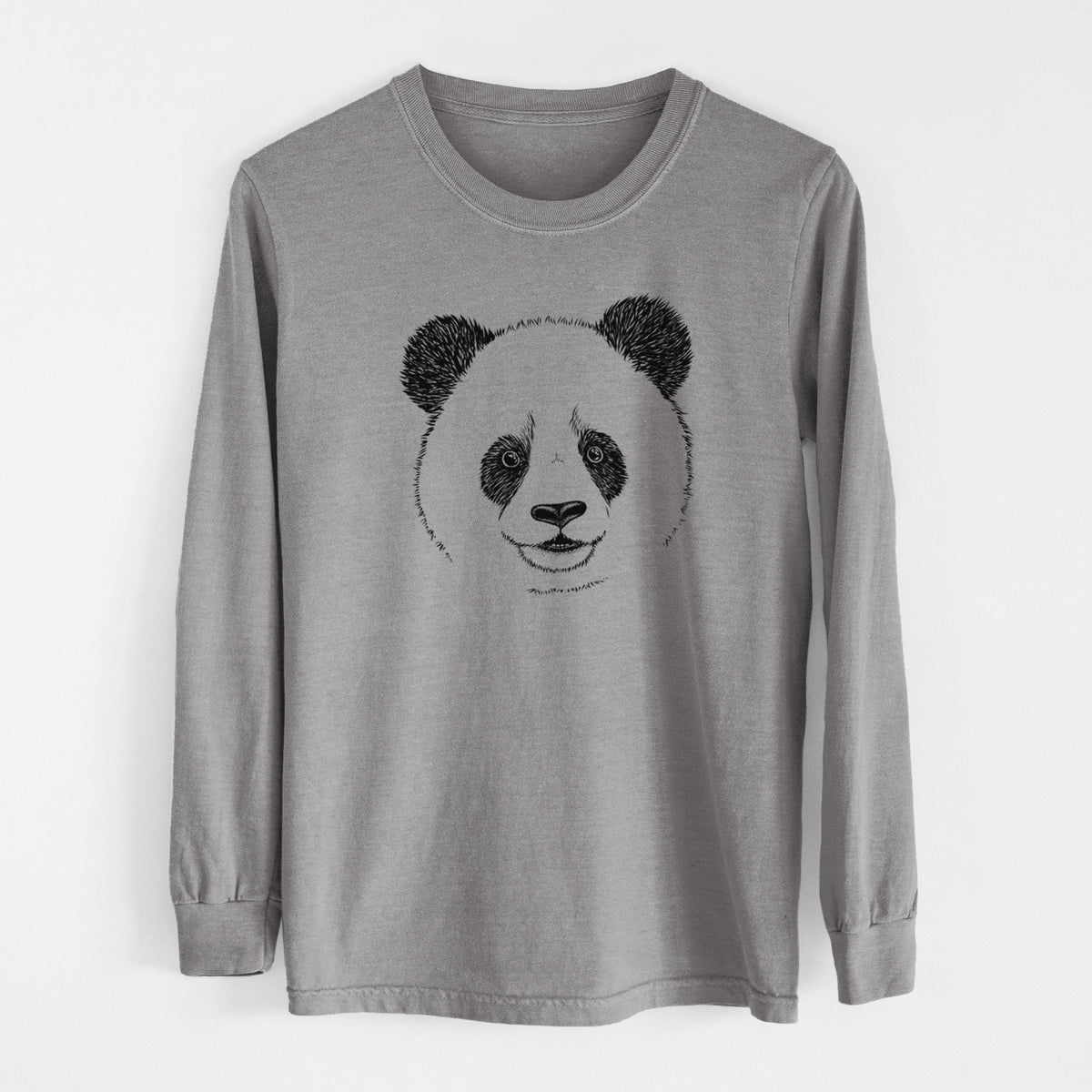 Grey Comfort Colors long sleeve shirt laid flat, printed with a black ink portrait of a smiling giant panda's face.