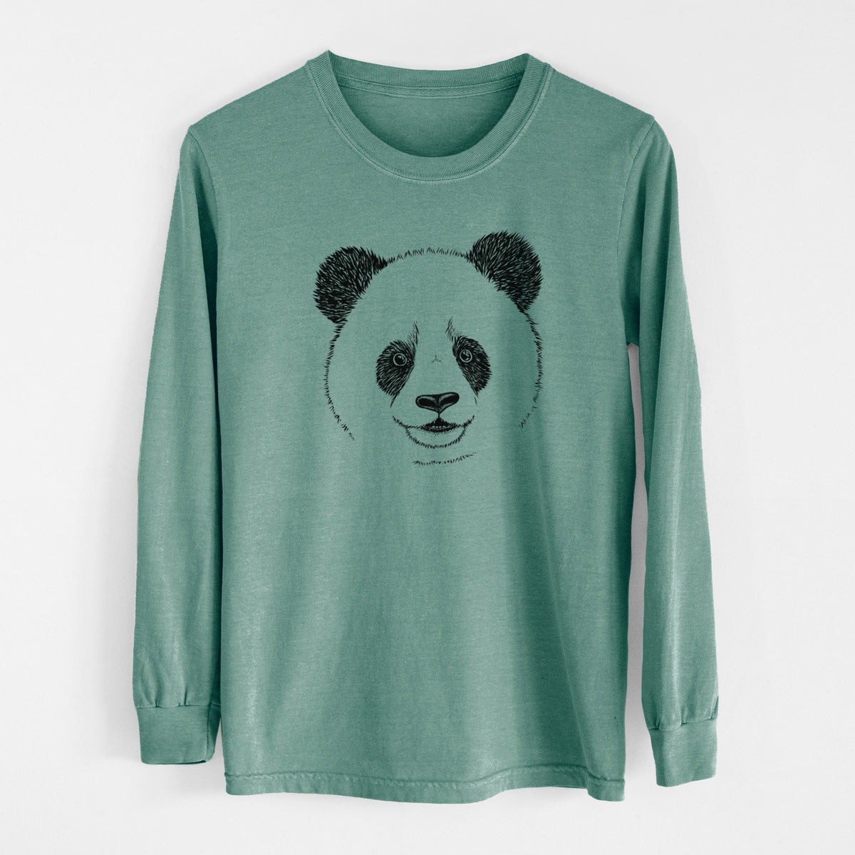 Pine green Comfort Colors long sleeve shirt laid flat, printed with a black ink portrait of a smiling giant panda's face.