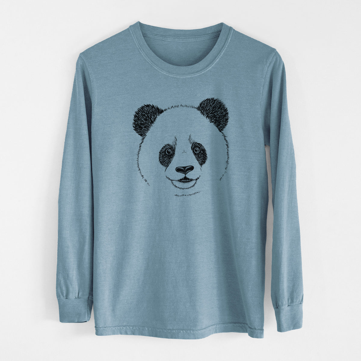 Steel blue Comfort Colors long sleeve shirt laid flat, printed with a black ink portrait of a smiling giant panda's face.