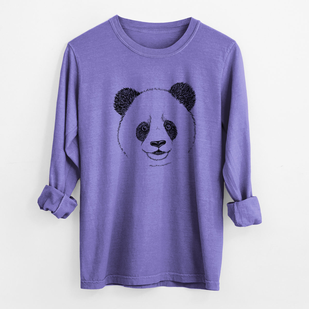 Violet purple Comfort Colors long sleeve shirt laid flat with the cuffs rolled, printed with a black ink portrait of a smiling giant panda's face.