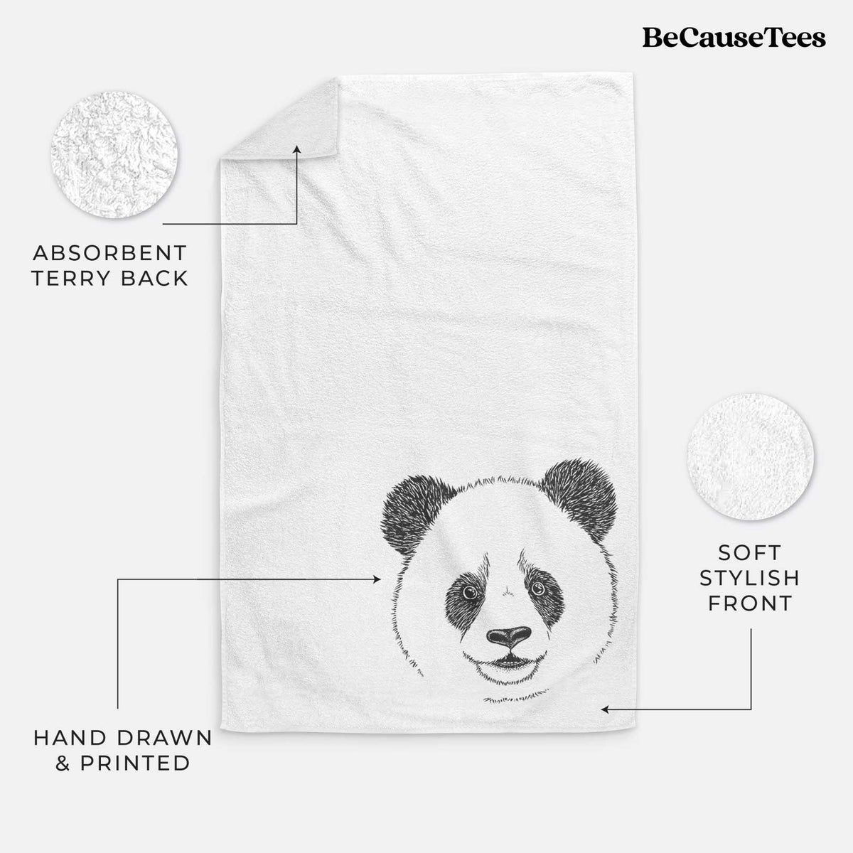 White hand towel printed with a black ink portrait of a smiling giant panda's face.