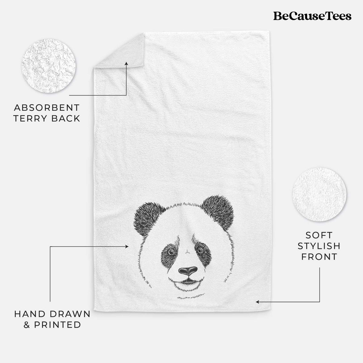 White hand towel printed with a black ink portrait of a smiling giant panda's face.