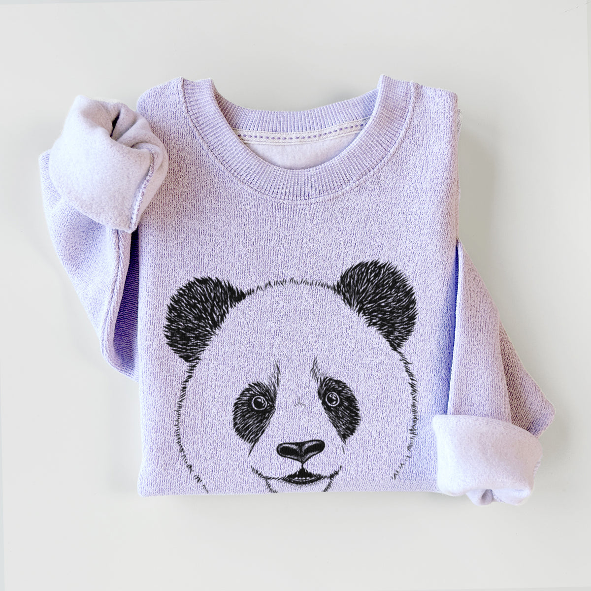 Ice purple knit sweatshirt printed with a black ink portrait of a smiling giant panda's face, styled flat.