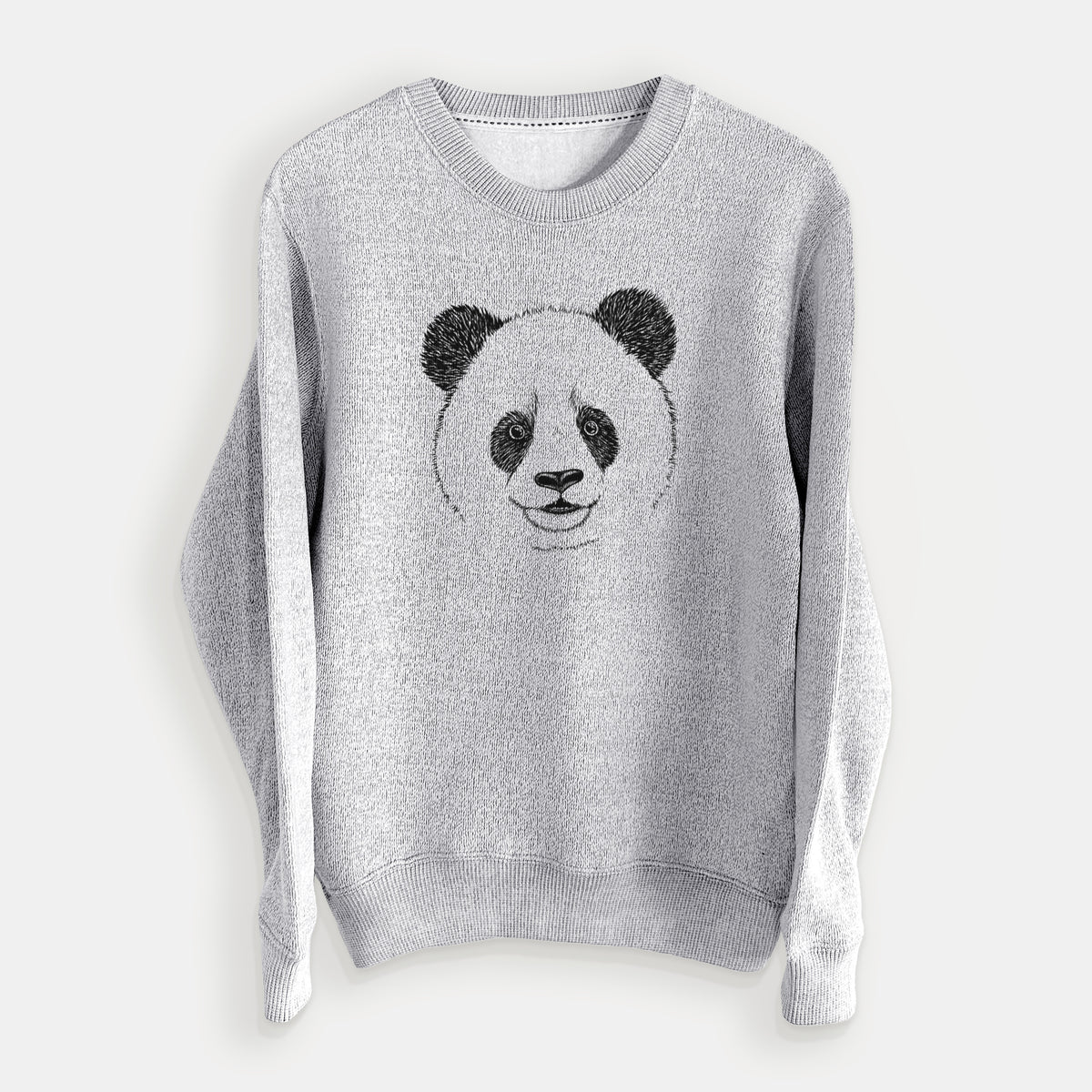 Salt and pepper knit sweatshirt laid flat, printed with a black ink portrait of a smiling giant panda's face.