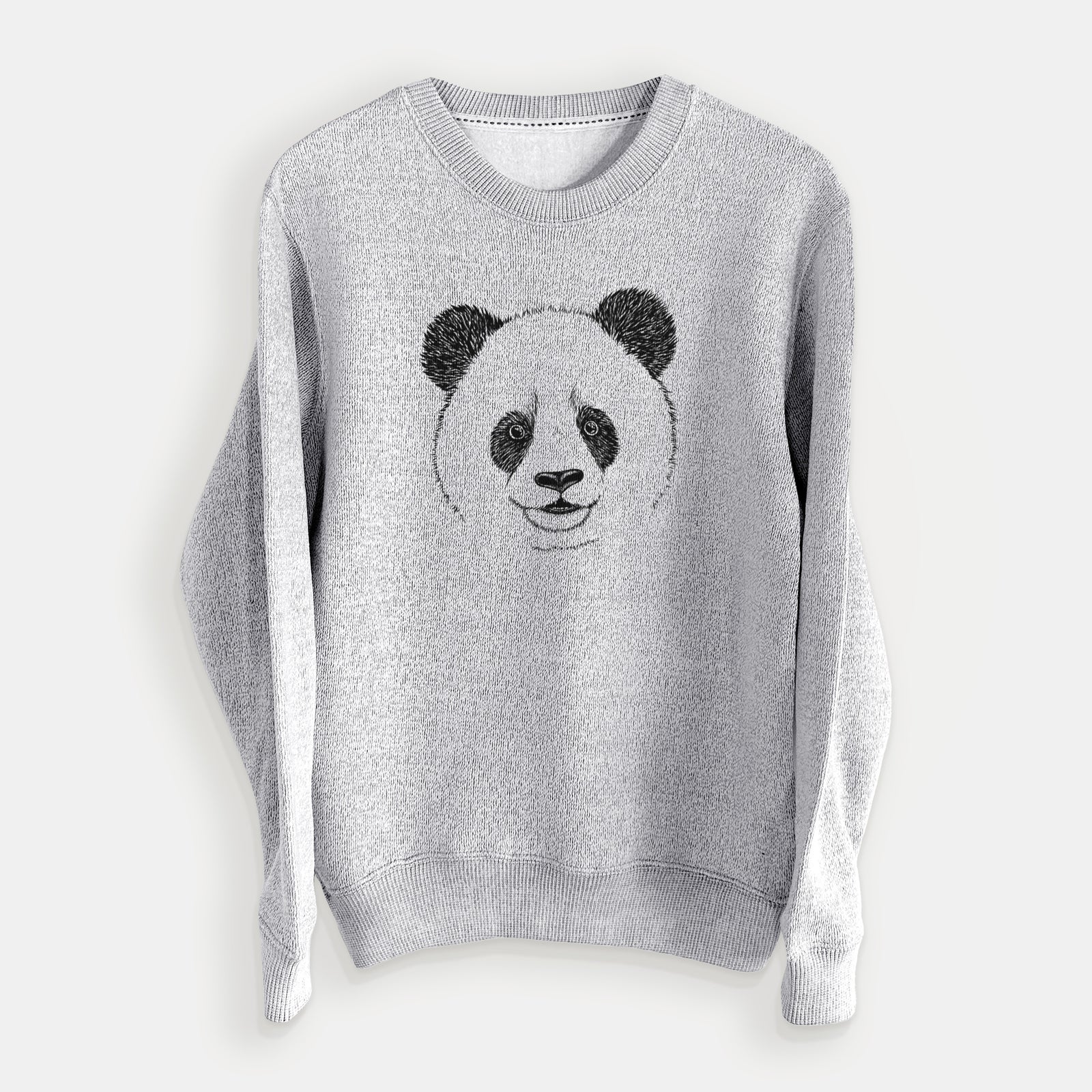 Salt and pepper knit sweatshirt laid flat, printed with a black ink portrait of a smiling giant panda's face.