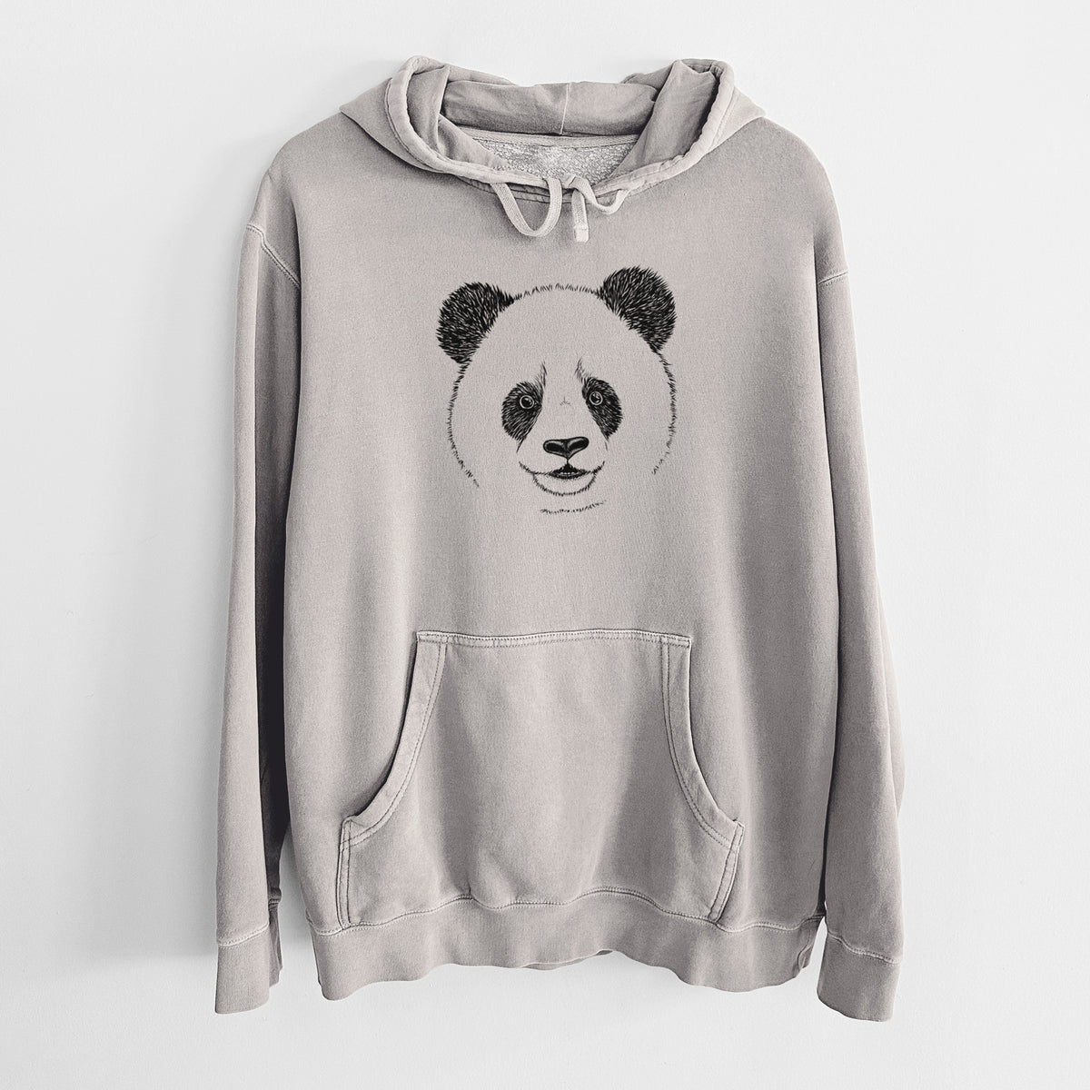 Cement grey pigment dyed hoodie laid flat, printed with a black ink portrait of a smiling giant panda's face.