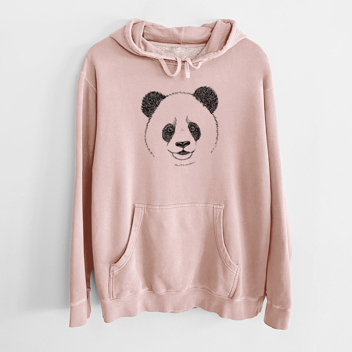 Dusty pink pigment dyed hoodie laid flat, printed with a black ink portrait of a smiling giant panda's face.