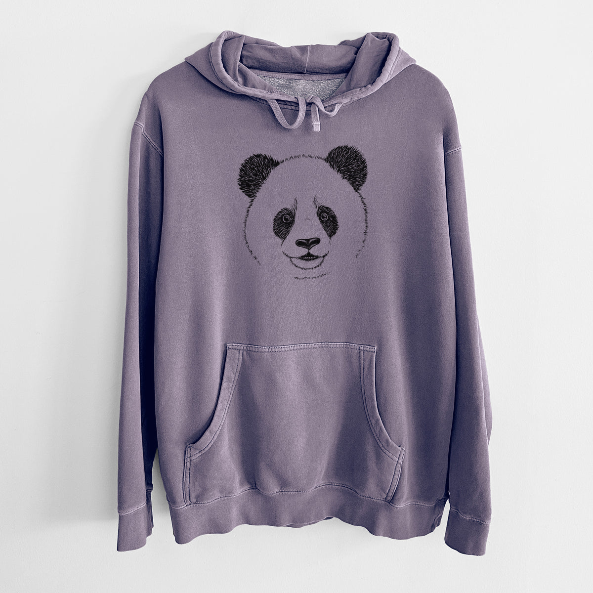 Plum purple pigment dyed hoodie laid flat, printed with a black ink portrait of a smiling giant panda's face.