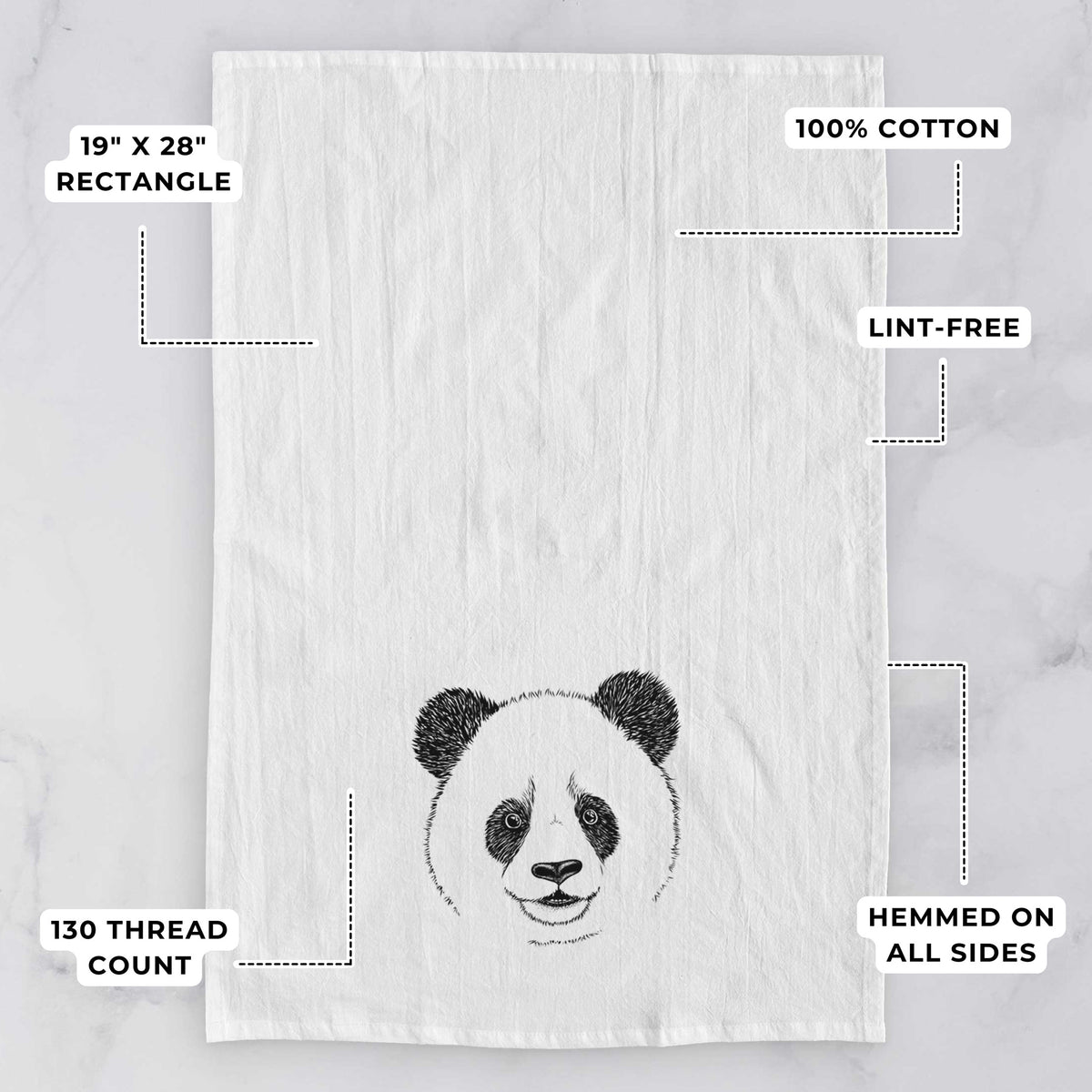 White tea towel printed with a black ink portrait of a smiling giant panda's face, with feature labels: 19 by 28 inch rectangle, 100% cotton, lint-free, 130 thread count, hemmed on all sides.