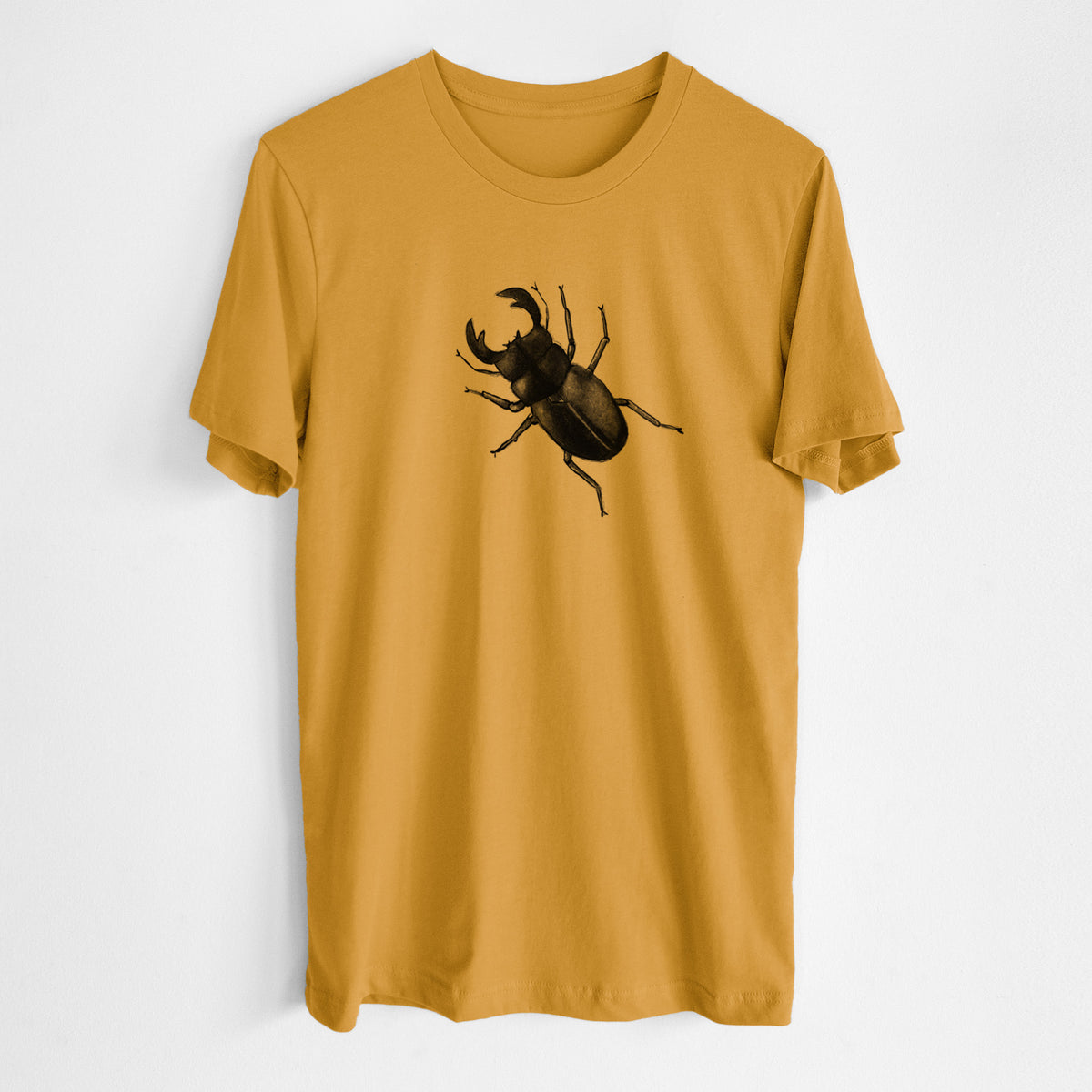 Honeycomb yellow lightweight cotton t-shirt laid flat, printed with a detailed black ink illustration of a giant stag beetle with large jaws, seen from above.
