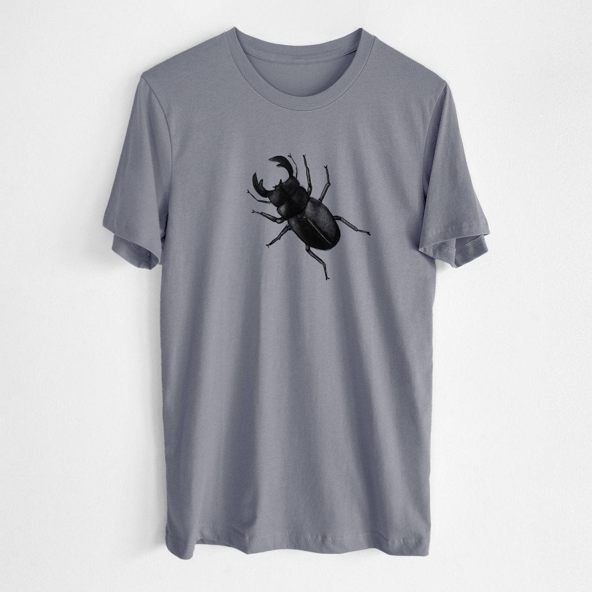 Storm grey lightweight cotton t-shirt laid flat, printed with a detailed black ink illustration of a giant stag beetle with large jaws, seen from above.
