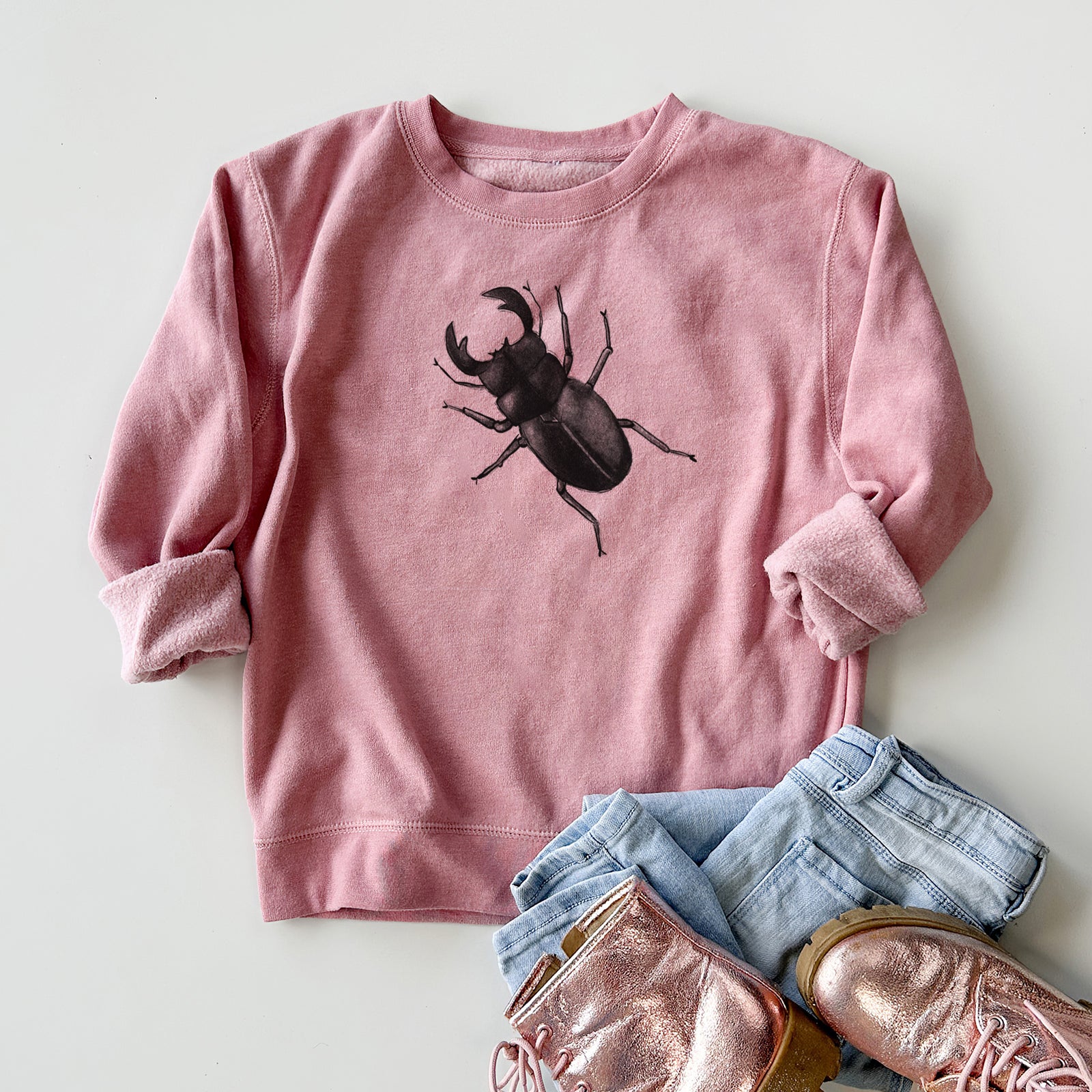 Boy wearing a youth crewneck sweatshirt printed with a detailed black ink illustration of a giant stag beetle with large jaws, seen from above, outdoors.