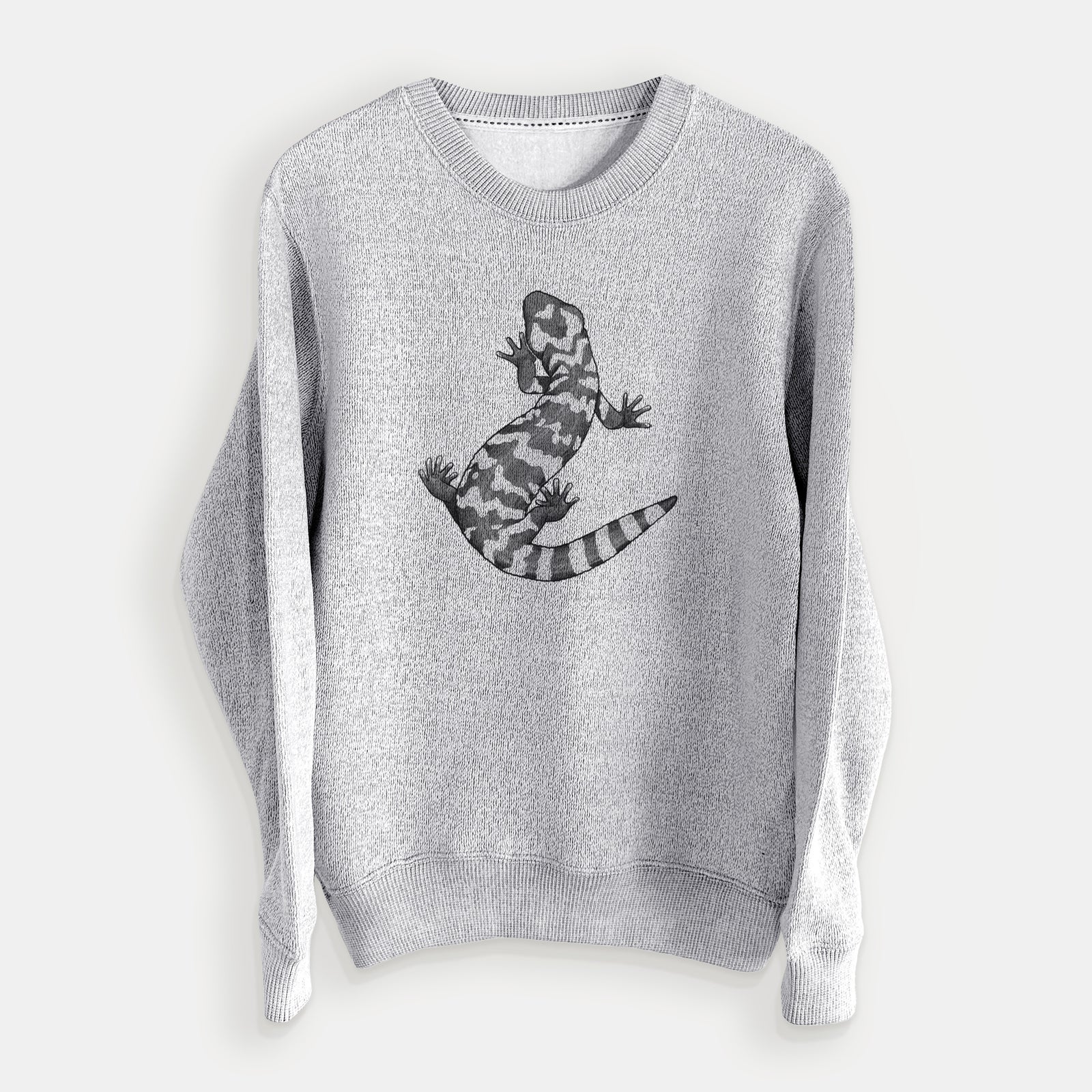Salt and pepper knit sweatshirt laid flat, printed with a black ink illustration of a Gila monster with bold patterned skin.