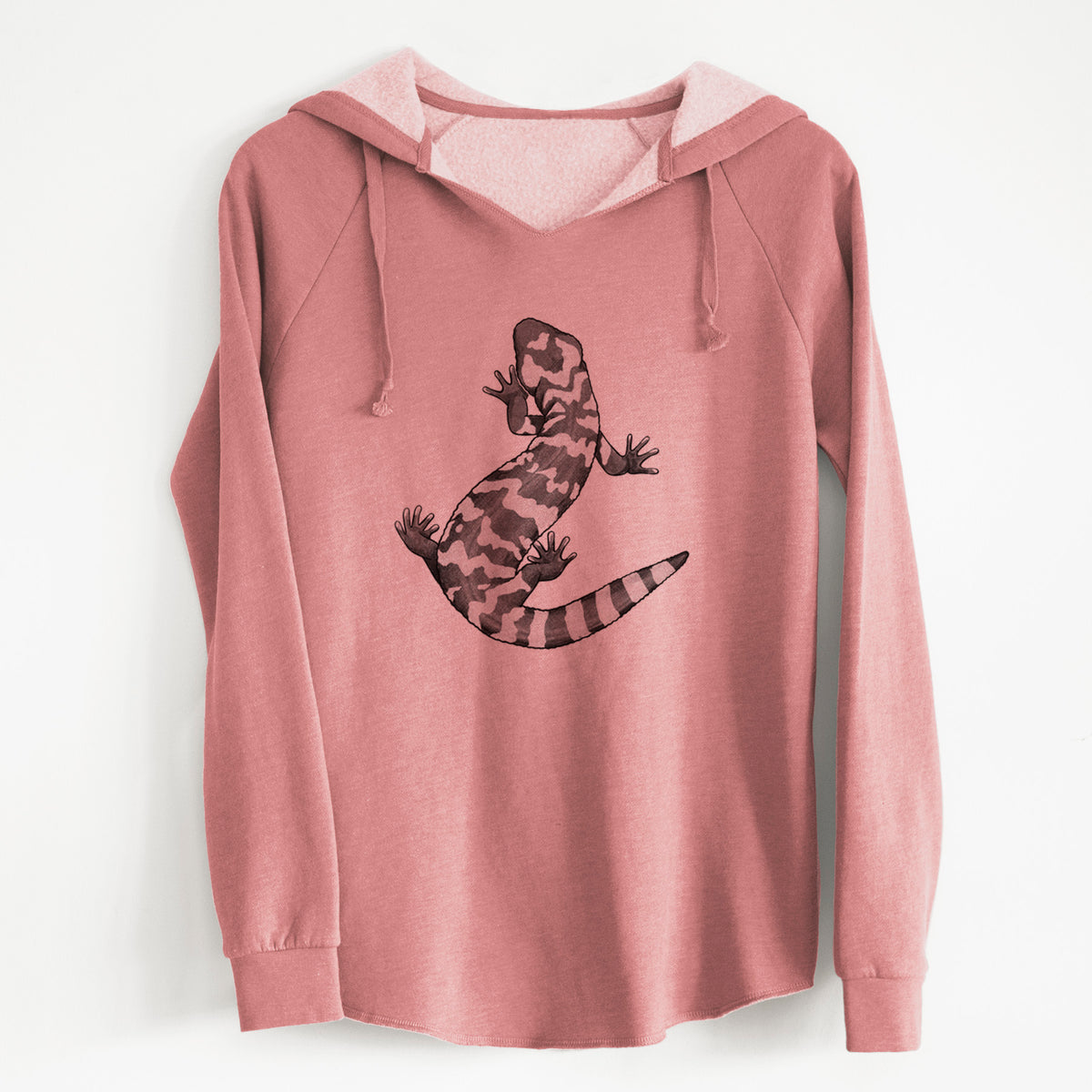 Dusty rose women's Cali Wave hooded sweatshirt laid flat, printed with a black ink illustration of a Gila monster with bold patterned skin.