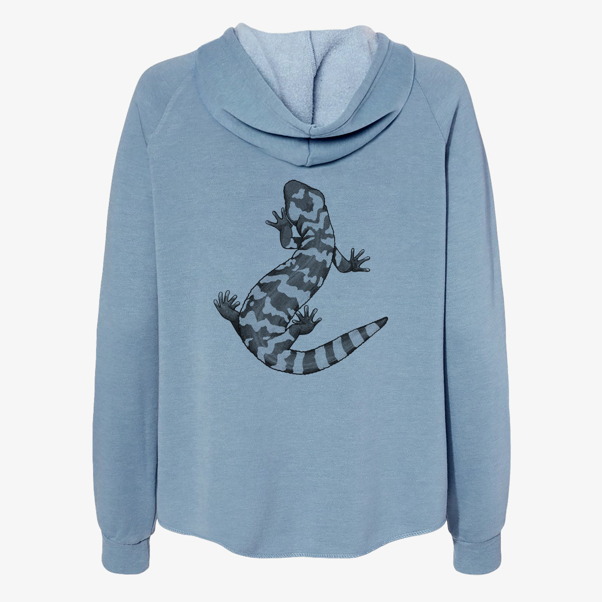 Misty blue women's Cali Wave zip-up sweatshirt laid flat, printed with a black ink illustration of a Gila monster with bold patterned skin.