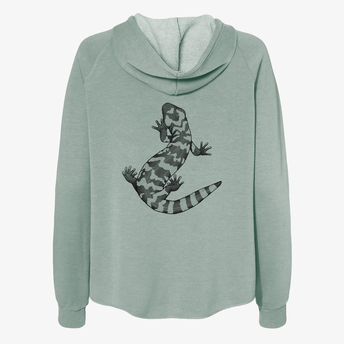 Sage green women's Cali Wave zip-up sweatshirt laid flat, printed with a black ink illustration of a Gila monster with bold patterned skin.
