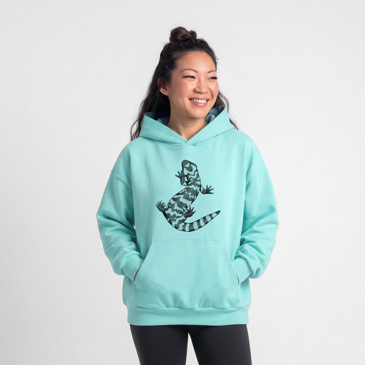 Female model wearing the Gila Monster - Heloderma suspectum - Statement Midweight Hoodie.