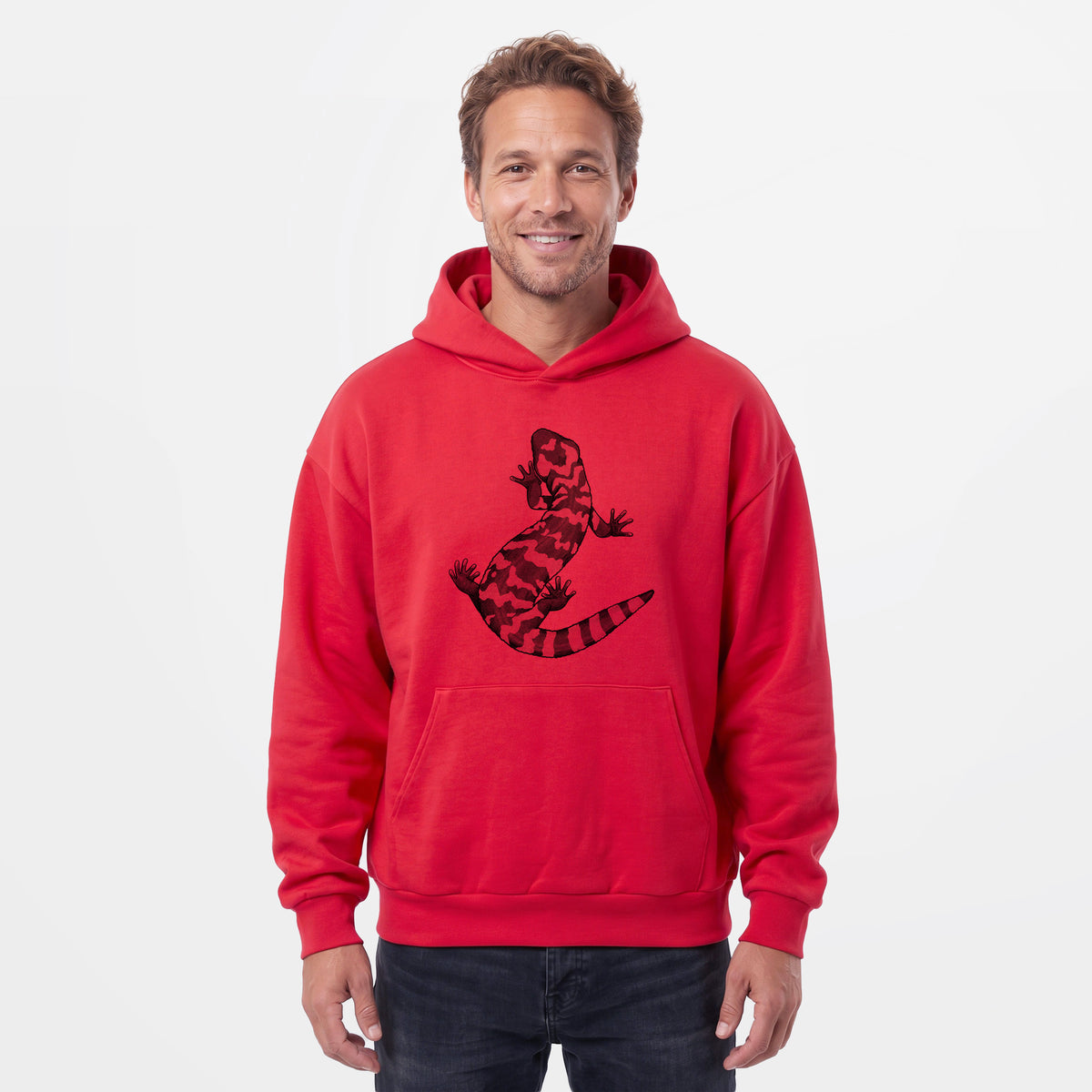 Male model wearing the Gila Monster - Heloderma suspectum - Statement Midweight Hoodie.
