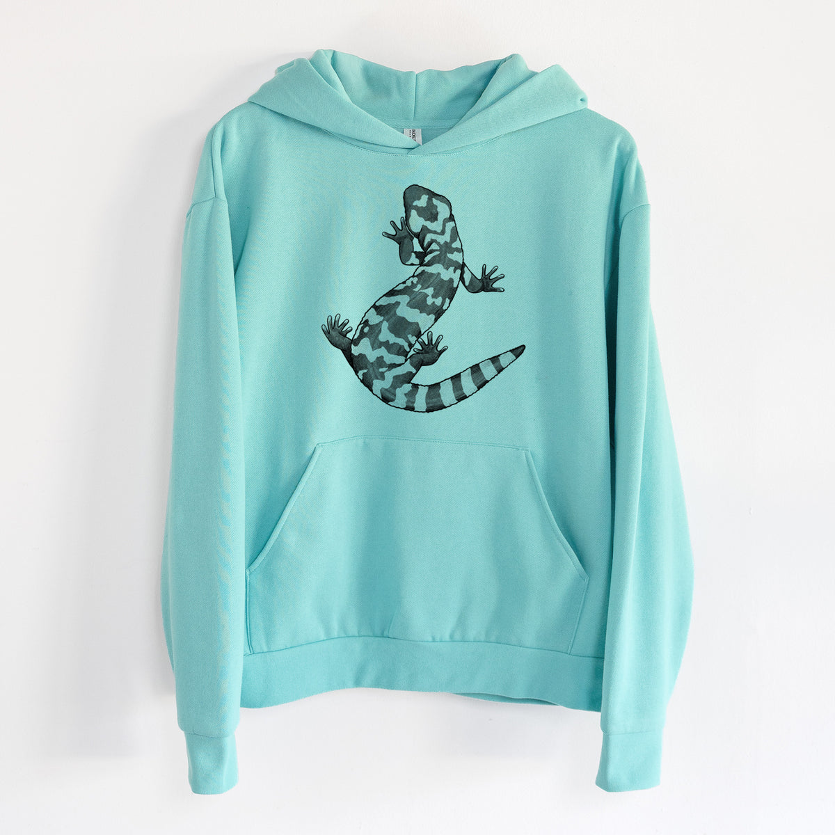Gila Monster - Heloderma suspectum - Statement Midweight Hoodie in Seafoam, hanging on a white wall, with a front kangaroo pocket and no drawcords.